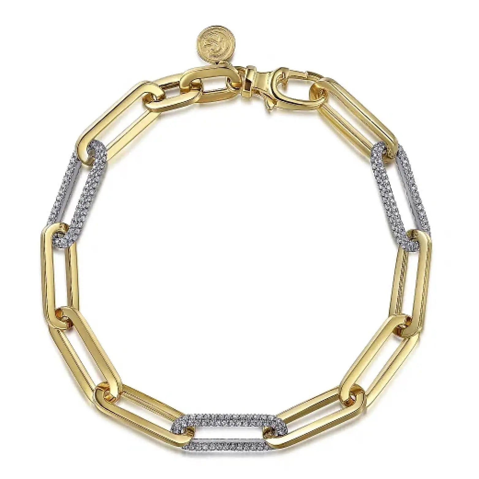 14K White-Yellow Gold Diamond Pavé Link Station Bracelet - THEDIAMONDSTORE