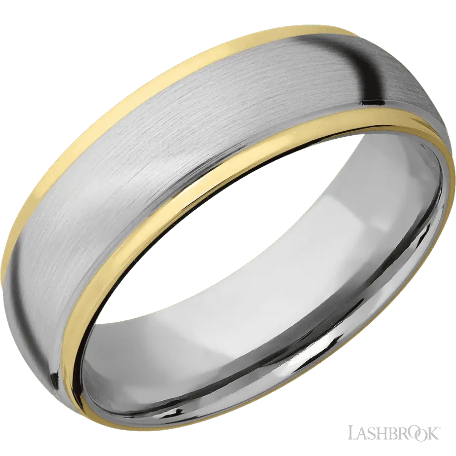 7 mm wide/Domed Stepped Down Edges/14K White Gold band with two 1 mm Edge inlays of 14K Yellow Gold.