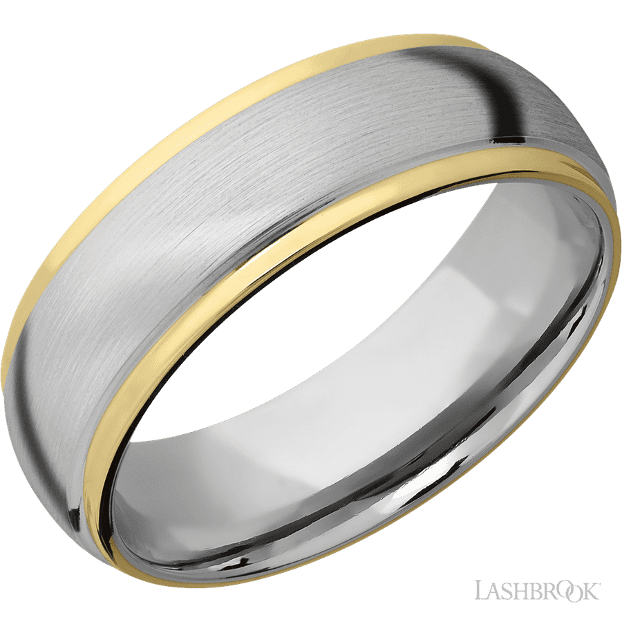 7 mm wide/Domed Stepped Down Edges/14K White Gold band with two 1 mm Edge inlays of 14K Yellow Gold.