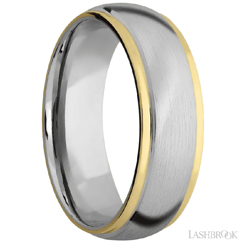 7 mm wide/Domed Stepped Down Edges/14K White Gold band with two 1 mm Edge inlays of 14K Yellow Gold.