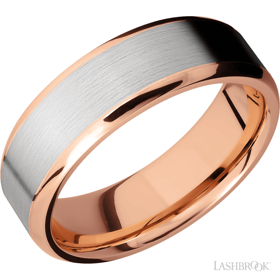 7 mm wide/Beveled/14K Rose Gold band with one 5 mm Centered inlay of 14K White Gold.