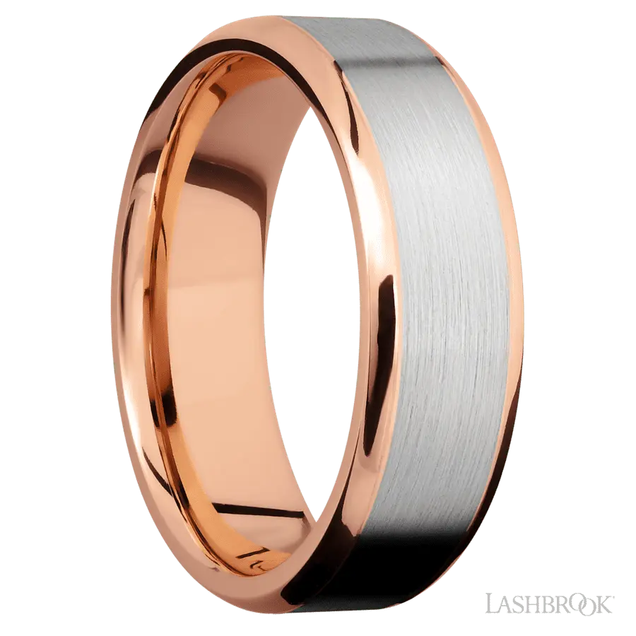 7 mm wide/Beveled/14K Rose Gold band with one 5 mm Centered inlay of 14K White Gold. Lashbrook