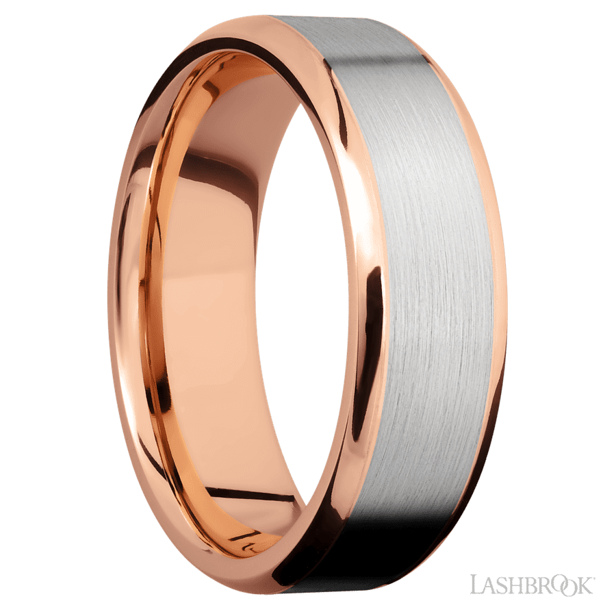 7 mm wide/Beveled/14K Rose Gold band with one 5 mm Centered inlay of 14K White Gold.