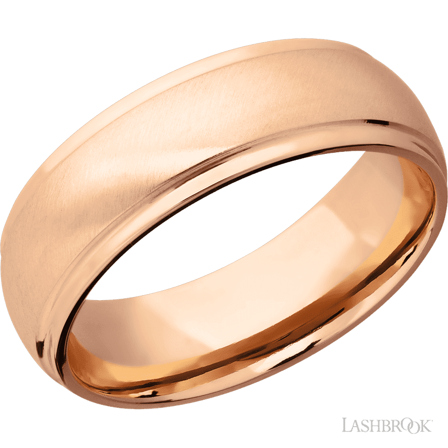 7 mm wide Domed Stepped Down Edges 14K Rose Gold band.
