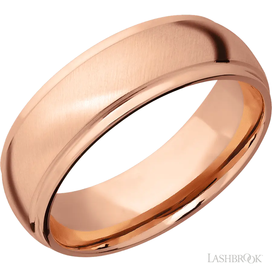 7 mm wide Domed Stepped Down Edges 14K Rose Gold band.
