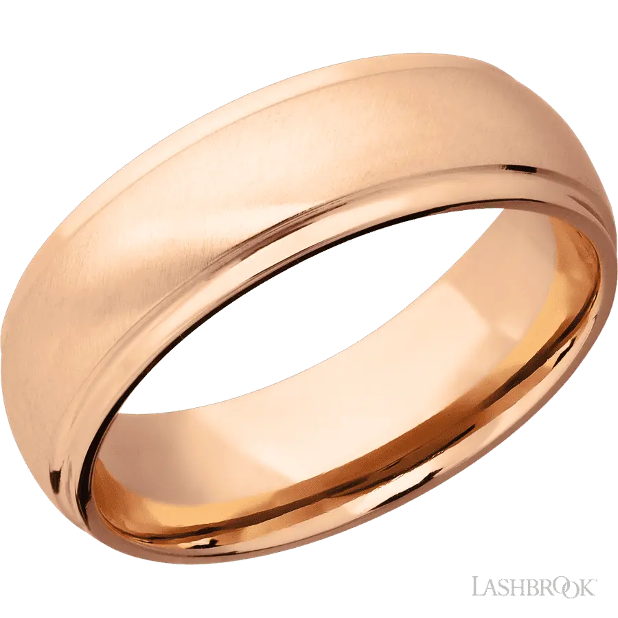 7 mm wide Domed Stepped Down Edges 14K Rose Gold band.