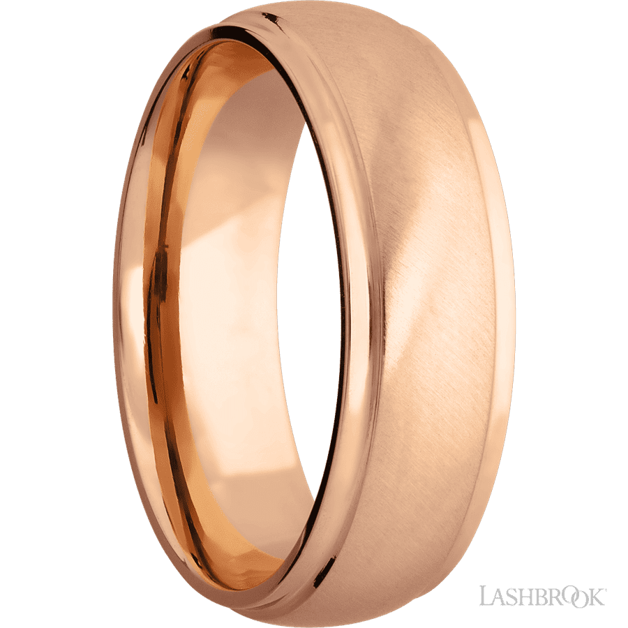 7 mm wide Domed Stepped Down Edges 14K Rose Gold band.