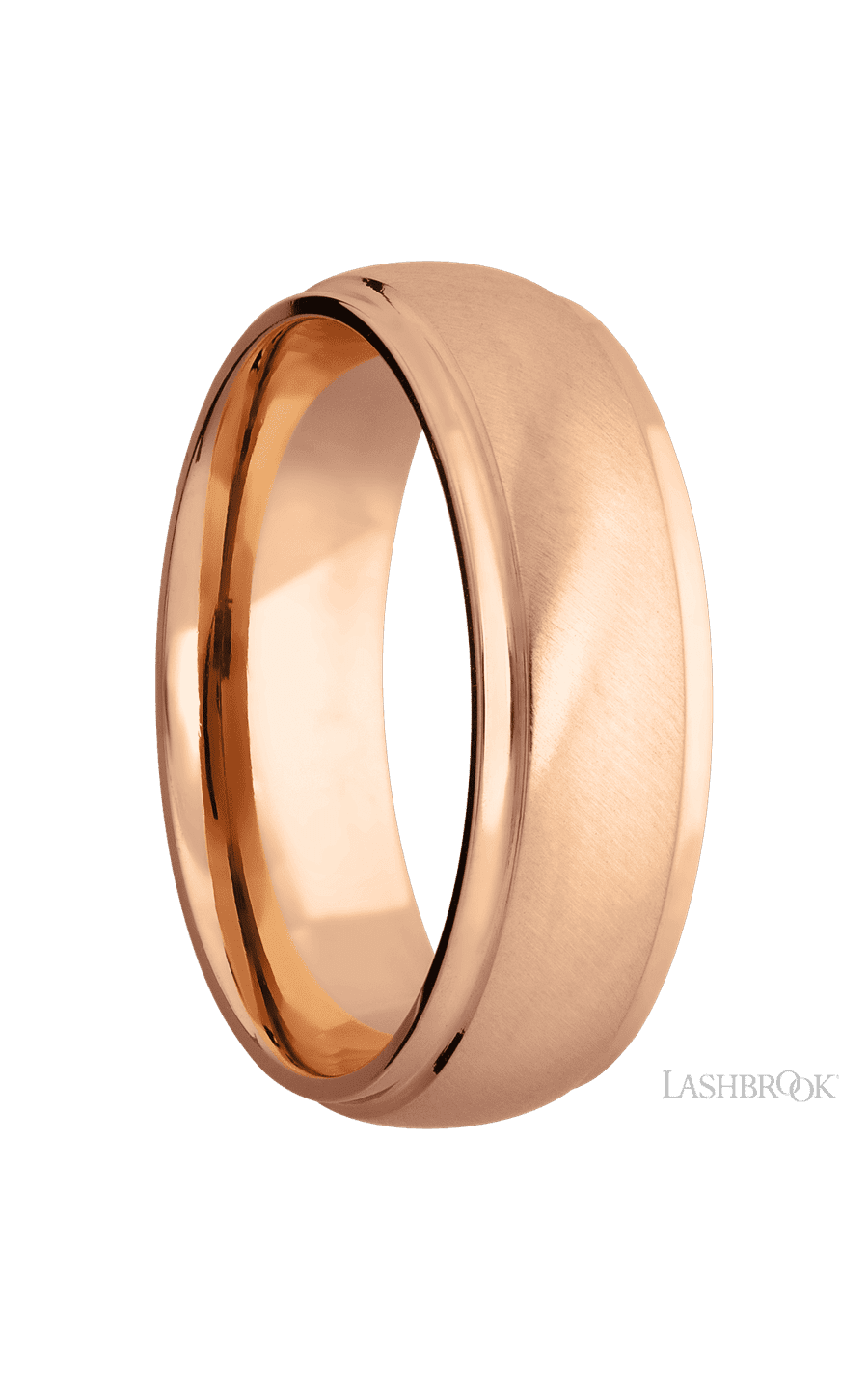 7 mm wide Domed Stepped Down Edges 14K Rose Gold band.