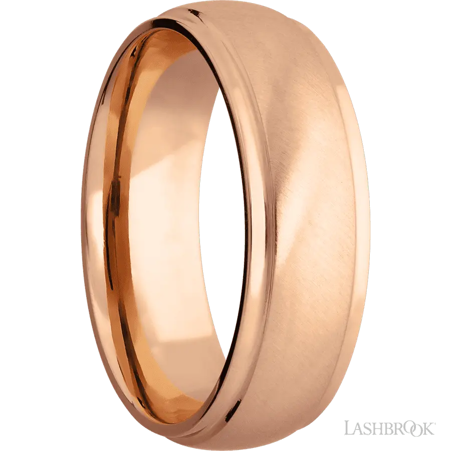 7 mm wide Domed Stepped Down Edges 14K Rose Gold band.