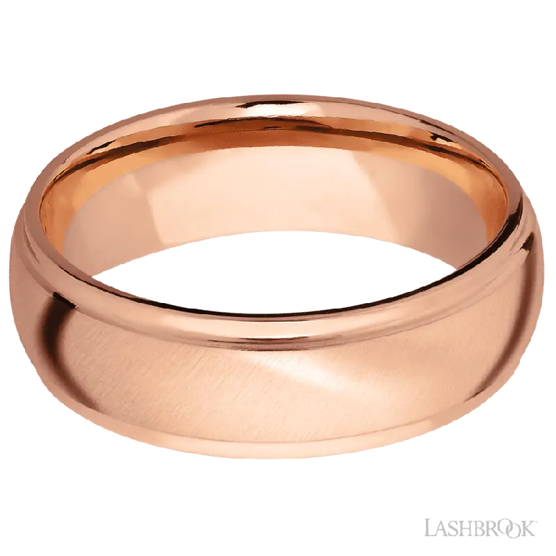 7 mm wide Domed Stepped Down Edges 14K Rose Gold band.