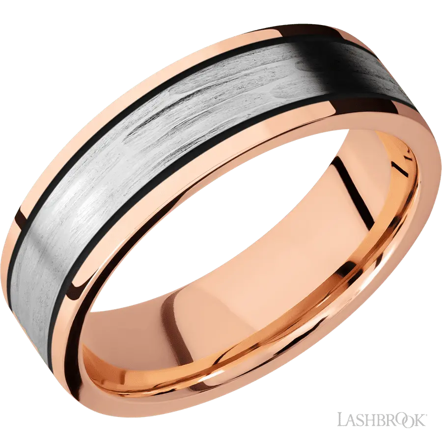 7 mm wide/Flat/14K Rose Gold band with one 4 mm Centered inlay of 14K White Gold. Lashbrook