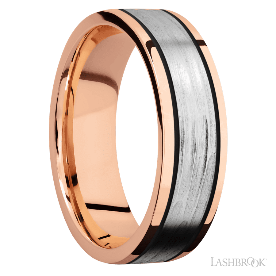 7 mm wide/Flat/14K Rose Gold band with one 4 mm Centered inlay of 14K White Gold.