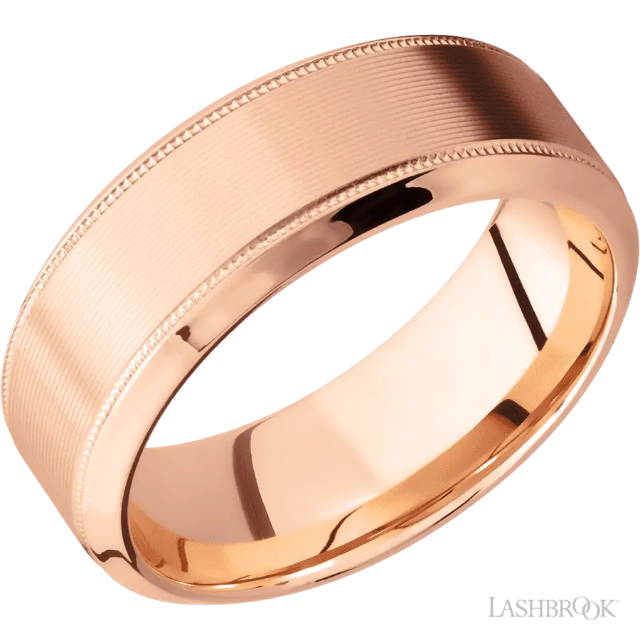8 mm wide High Bevel Milgrain 14K Rose Gold band. Lashbrook