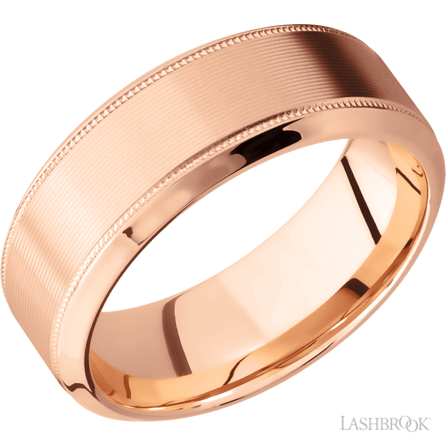 8 mm wide High Bevel Milgrain 14K Rose Gold band.
