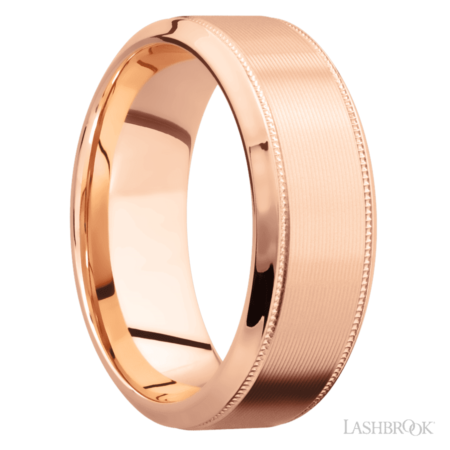8 mm wide High Bevel Milgrain 14K Rose Gold band.