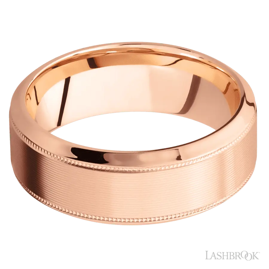 8 mm wide High Bevel Milgrain 14K Rose Gold band.