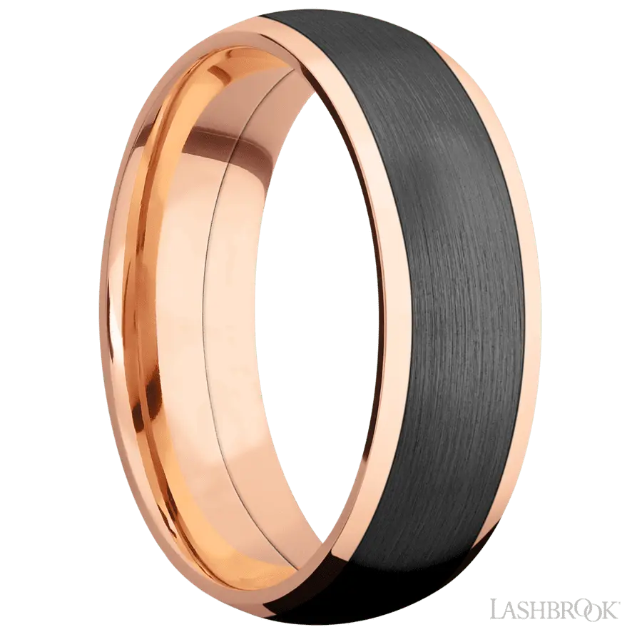 7 mm wide/Domed/14K Rose Gold band with one 5 mm Centered inlay of Zirconium.