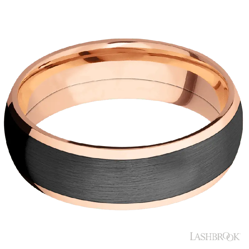 7 mm wide/Domed/14K Rose Gold band with one 5 mm Centered inlay of Zirconium.
