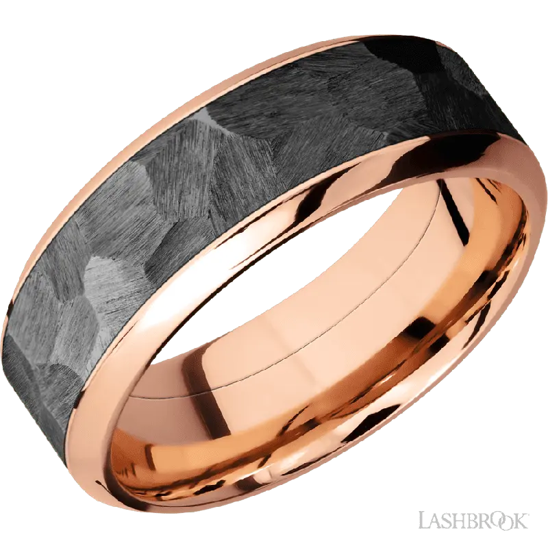 8 mm wide/High Bevel/14K Rose Gold band with one 5 mm Centered inlay of Zirconium.