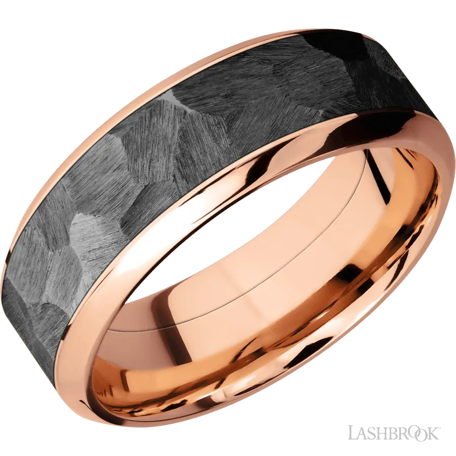 8 mm wide/High Bevel/14K Rose Gold band with one 5 mm Centered inlay of Zirconium. Lashbrook