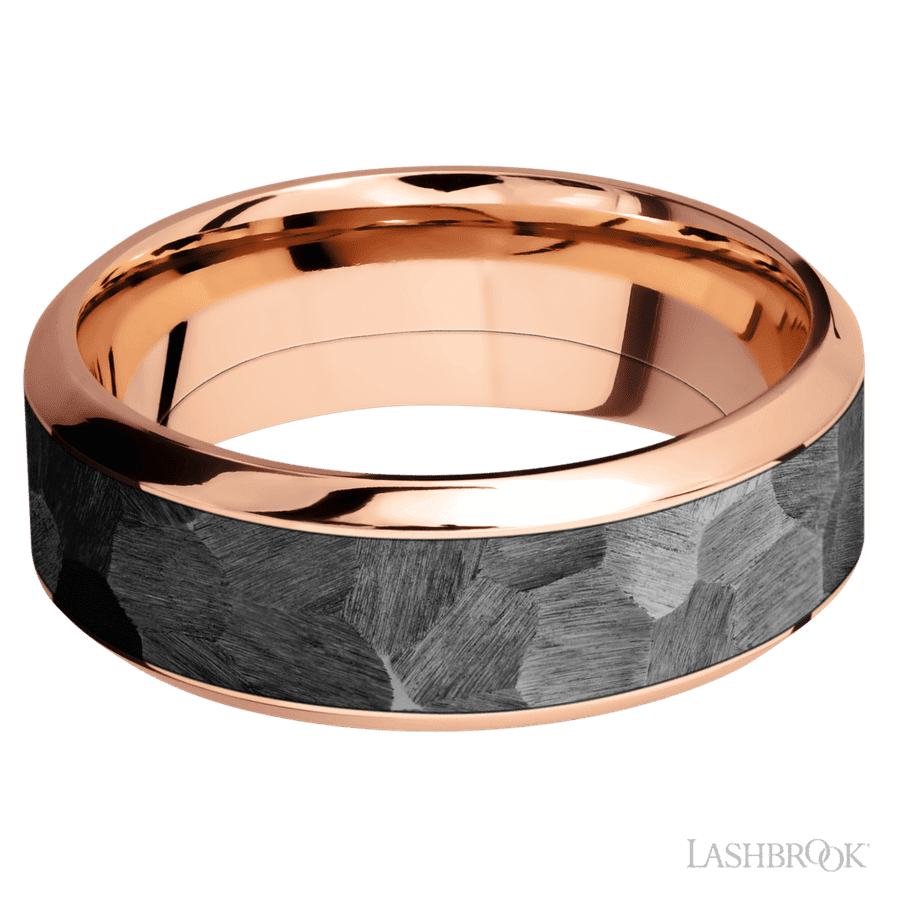 8 mm wide/High Bevel/14K Rose Gold band with one 5 mm Centered inlay of Zirconium.