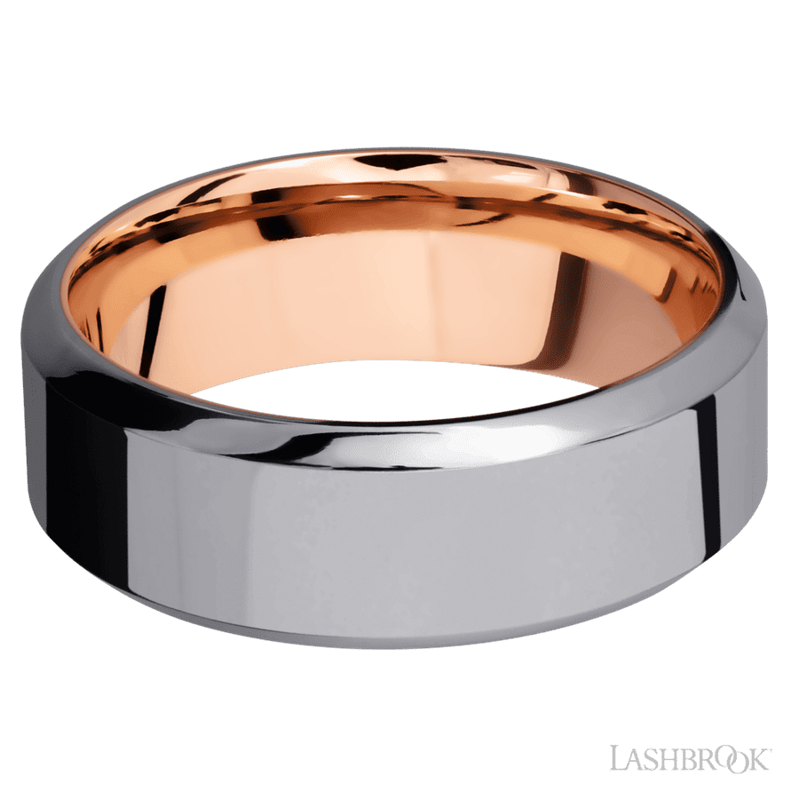 8 mm wide High Bevel Tantalum band featuring a 14K Rose Gold sleeve.
