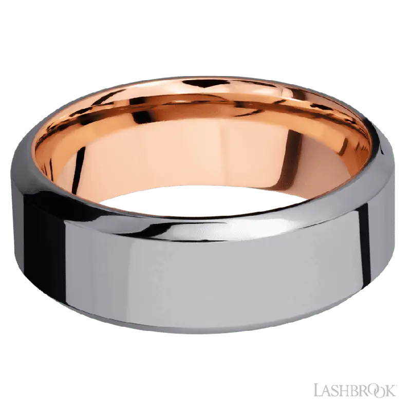 8 mm wide High Bevel Tantalum band featuring a 14K Rose Gold sleeve.