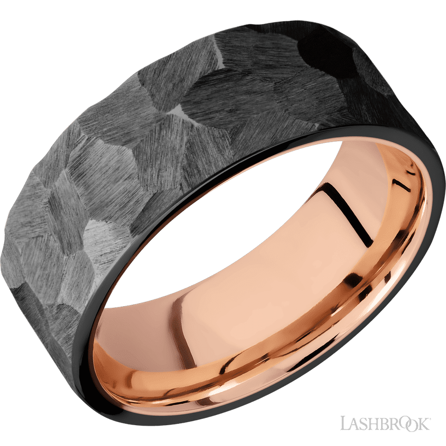 8 mm wide Flat Zirconium band featuring a 14K Rose Gold sleeve.