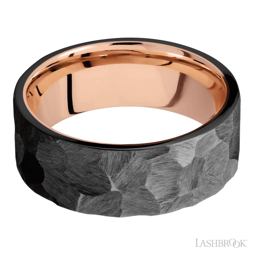 8 mm wide Flat Zirconium band featuring a 14K Rose Gold sleeve.