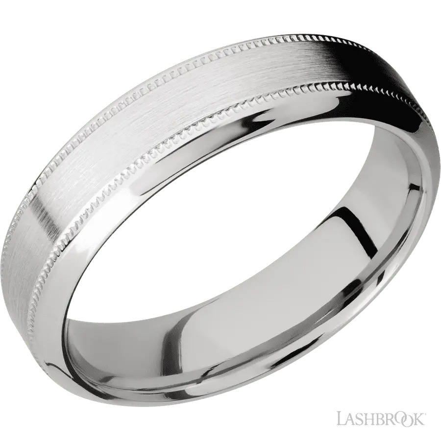 6 mm wide High Bevel Milgrain 14K White Gold band. Lashbrook