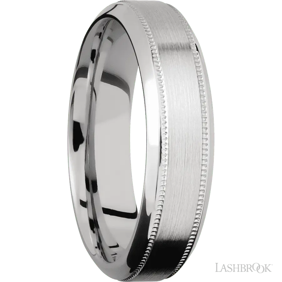 6 mm wide High Bevel Milgrain 14K White Gold band. Lashbrook