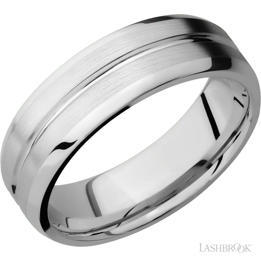 7 mm wide Beveled with Center Accent Groove 14K White Gold band.
