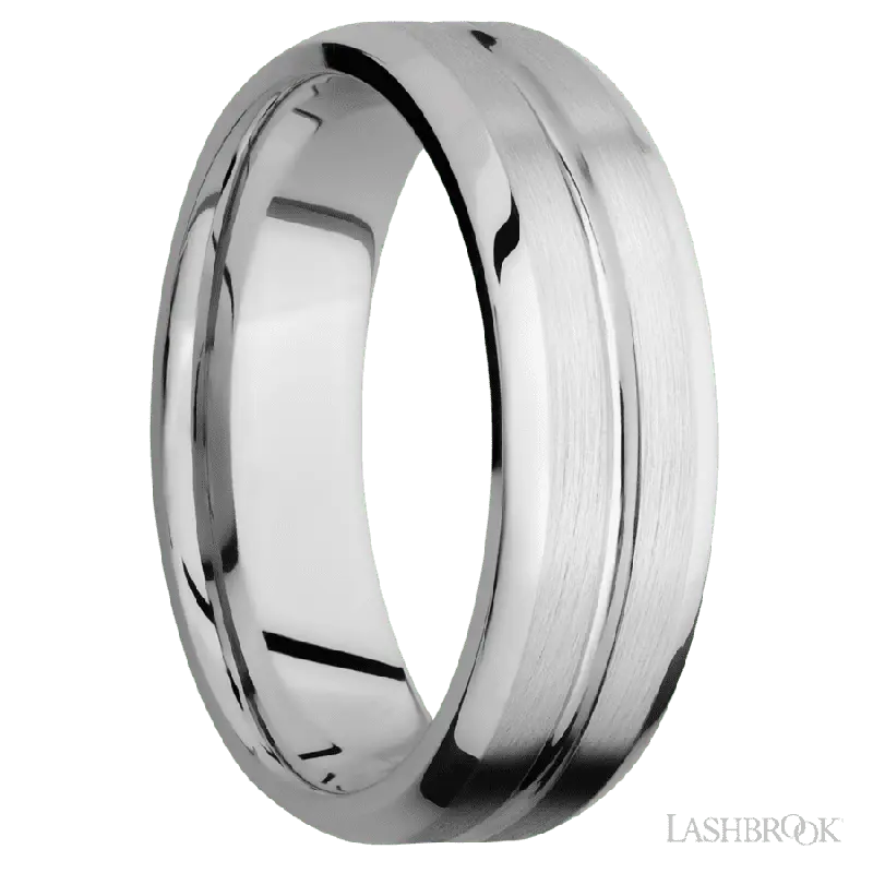 7 mm wide Beveled with Center Accent Groove 14K White Gold band.