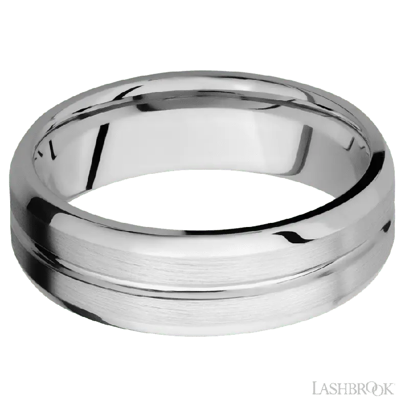 7 mm wide Beveled with Center Accent Groove 14K White Gold band.