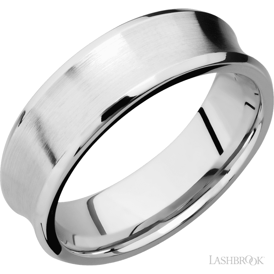 7 mm wide Concave Bevel 14K White Gold band.