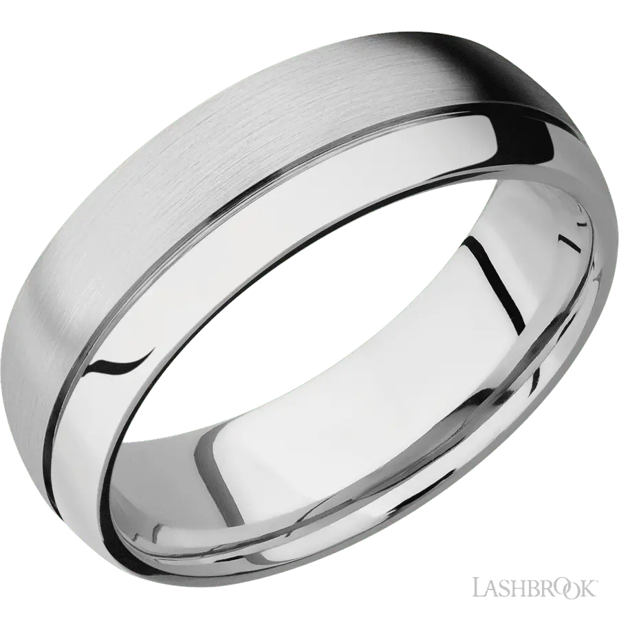 7 mm wide Domed with Off Center Accent Groove 14K White Gold band.