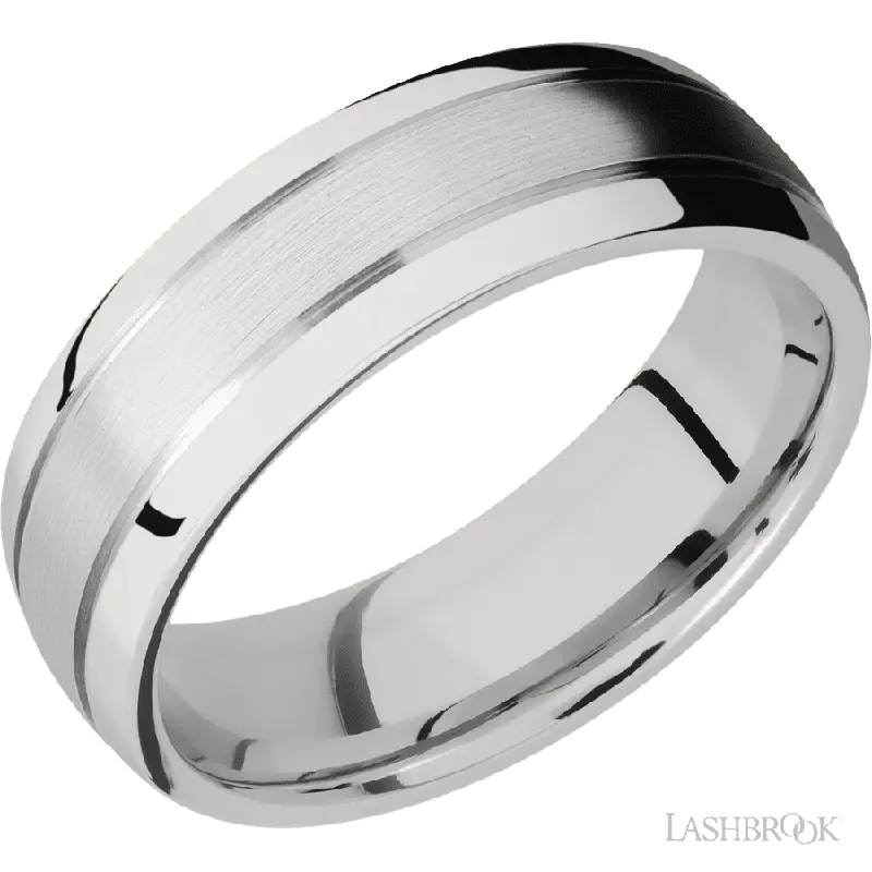 7 mm wide Domed with two accent grooves 14K White Gold band.