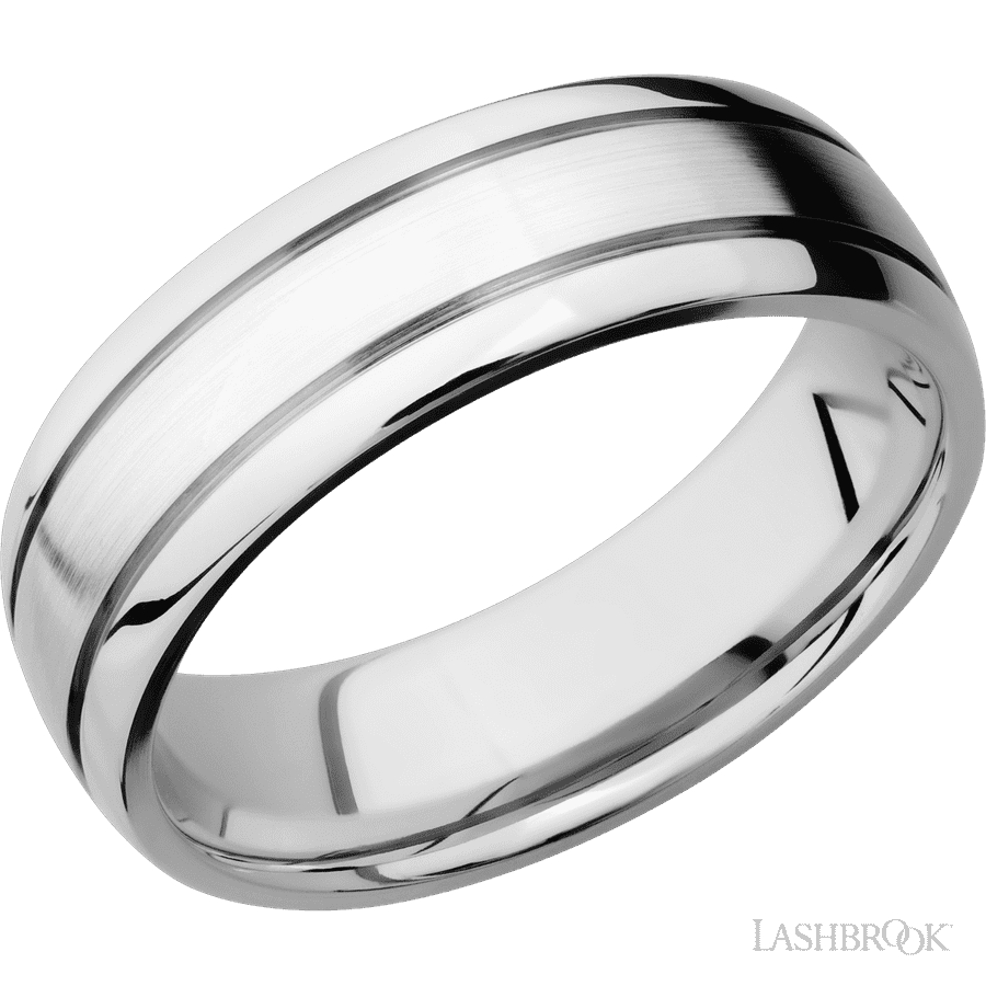 7 mm wide Domed with two accent grooves 14K White Gold band.