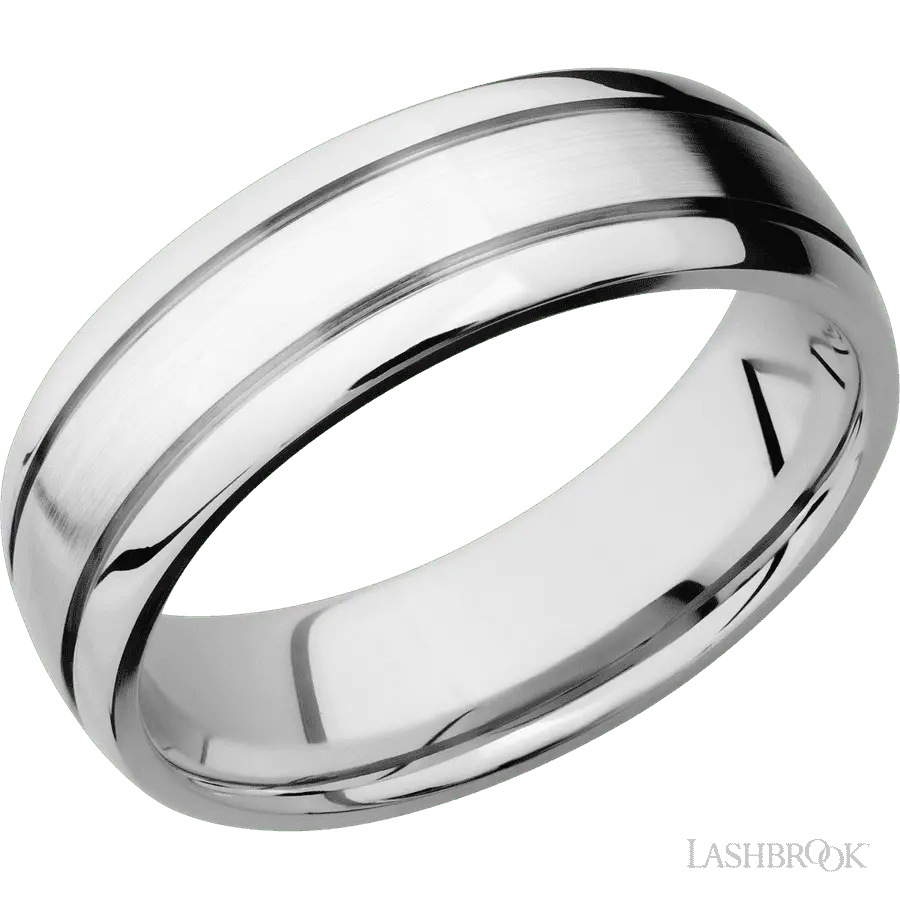 7 mm wide Domed with two accent grooves 14K White Gold band.