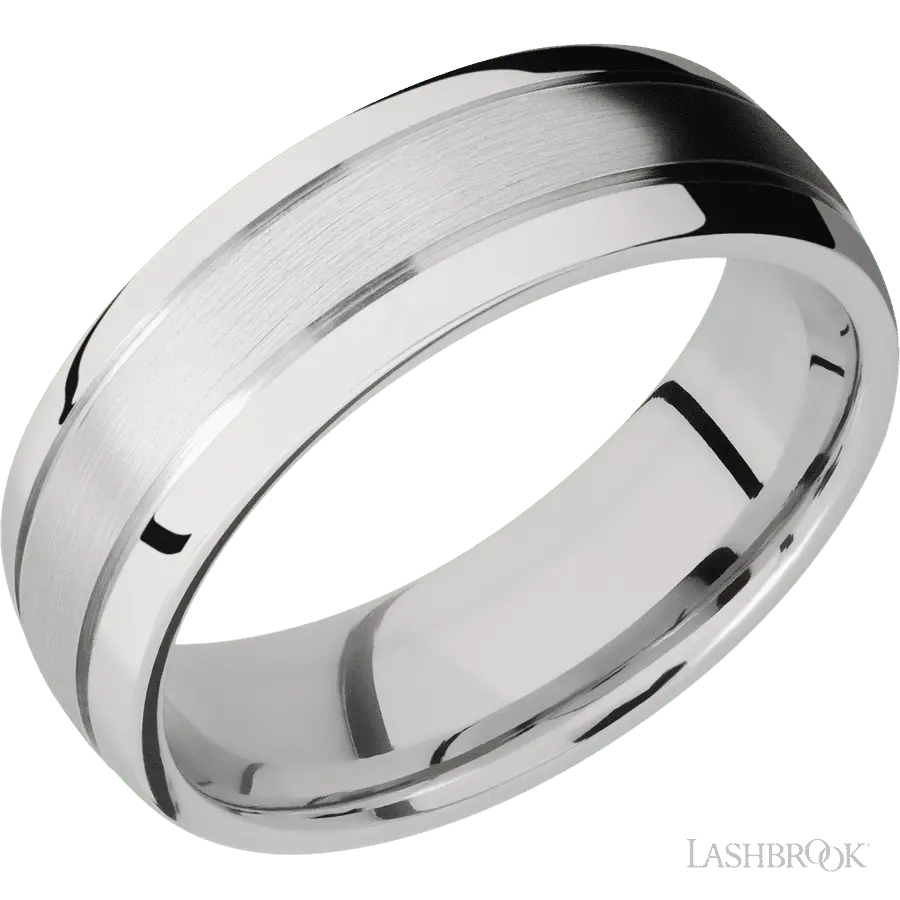 7 mm wide Domed with two accent grooves 14K White Gold band.