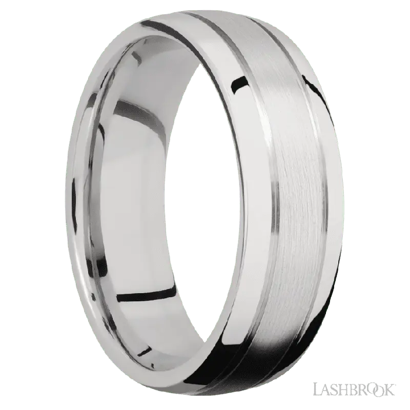 7 mm wide Domed with two accent grooves 14K White Gold band.