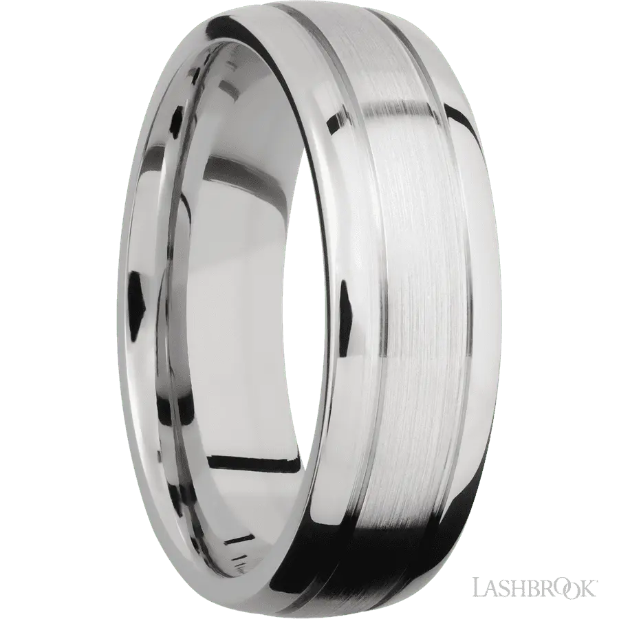7 mm wide Domed with two accent grooves 14K White Gold band.