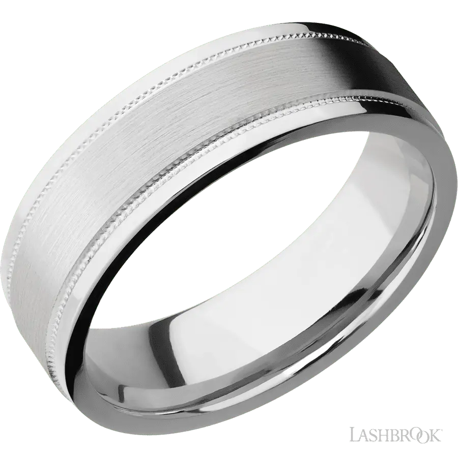 7 mm wide Flat Stepped Edges Milgrain 14K White Gold band.