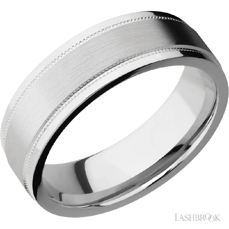 7 mm wide Flat Stepped Edges Milgrain 14K White Gold band.