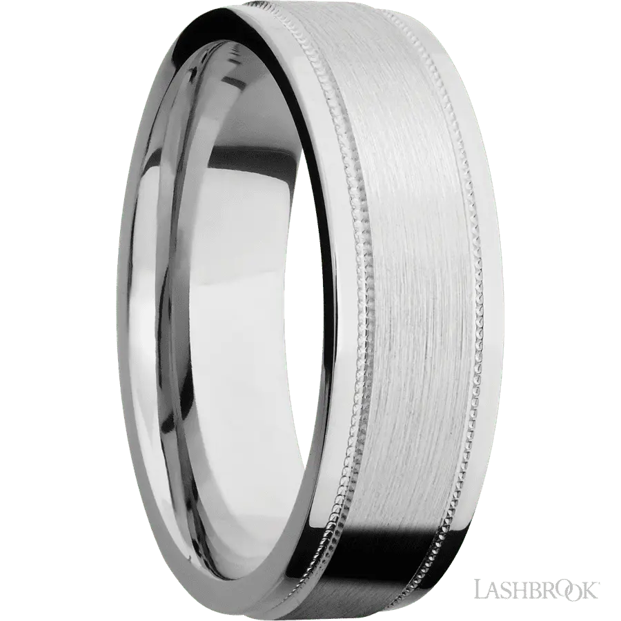 7 mm wide Flat Stepped Edges Milgrain 14K White Gold band.