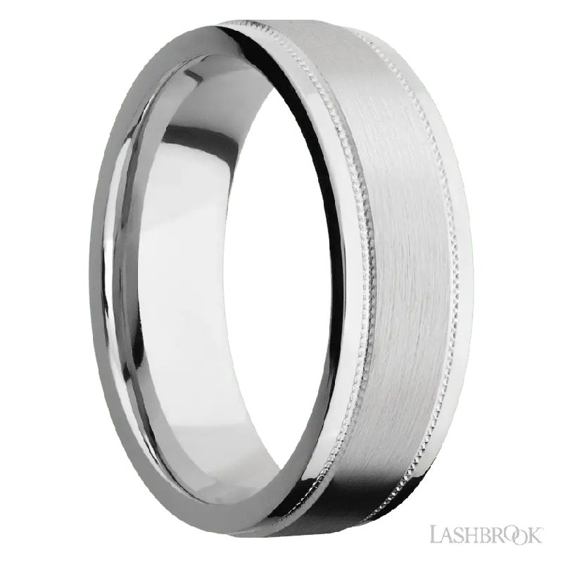 7 mm wide Flat Stepped Edges Milgrain 14K White Gold band.