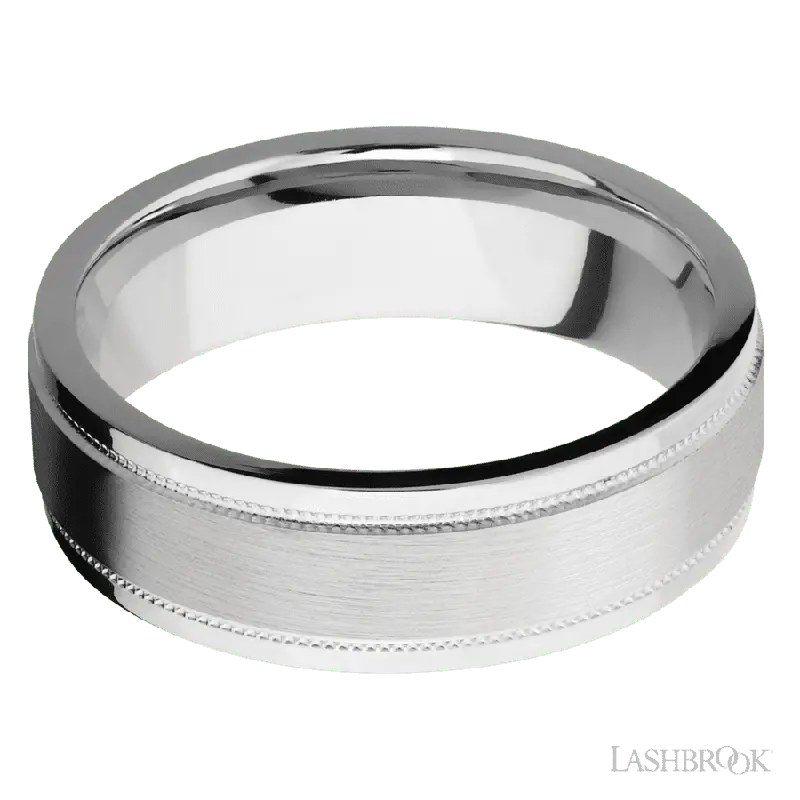 7 mm wide Flat Stepped Edges Milgrain 14K White Gold band.