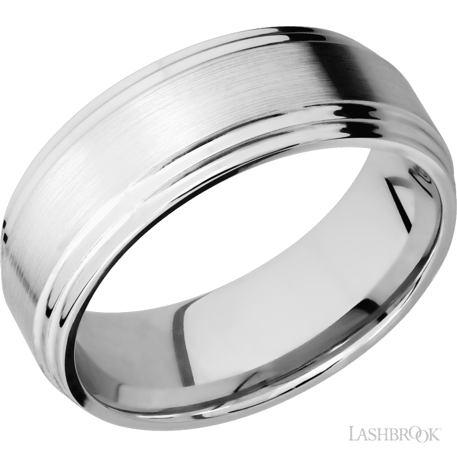 8 mm wide Flat Double Stepped Edges 14K White Gold band.