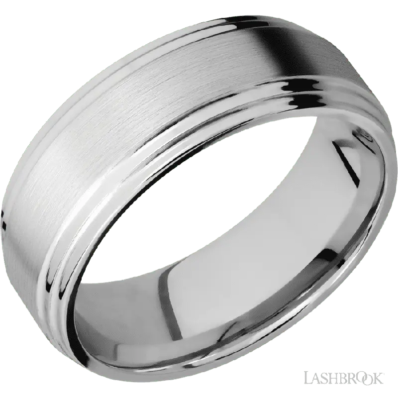8 mm wide Flat Double Stepped Edges 14K White Gold band.