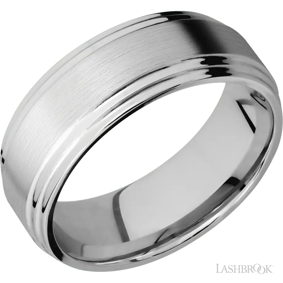 8 mm wide Flat Double Stepped Edges 14K White Gold band.